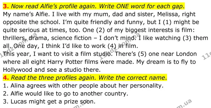 3. Now read Alfie’s profile again. Write ONE word for each gap. — ГДЗ Англійська мова 8 клас Стайрінг (Prepare)
