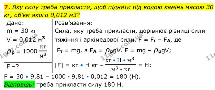 7. Яку силу треба прикласти, щоб підняти під водою камінь масою 30 кг, об’єм якого 0,012 м3? — ГДЗ Фізика 7 клас Засєкіна