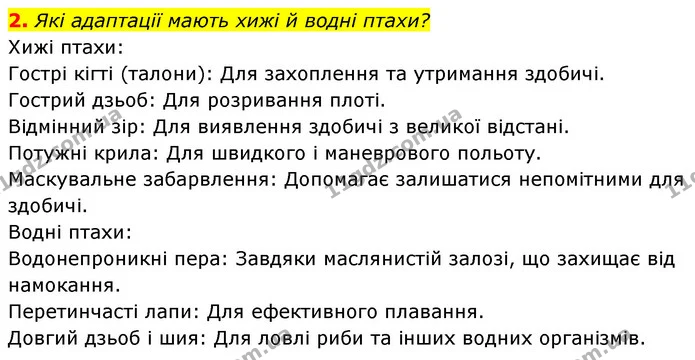 2. Які адаптації мають хижі й водні птахи? — ГДЗ Біологія 7 клас Тагліна