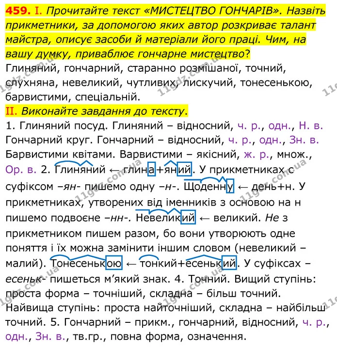 459. І. Прочитайте текст «МИСТЕЦТВО ГОНЧАРІВ». Назвіть прикметники, за допомогою яких автор розкриває талант майстра, описує засоби й — ГДЗ Українська мова 6 клас Заболотний 2020