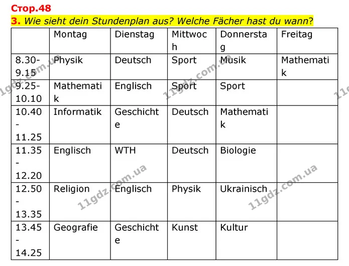 3. Wie sieht dein Stundenplan aus? Welche Fächer hast du wann? — ГДЗ Німецька мова 8 клас Сидоренко