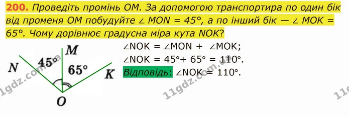 200. Проведіть промінь ОМ. За допомогою транспортира по один бік від променя ОМ побудуйте ∠ МОN = 45°, а по інший бік — ∠ MOK = 65° — ГДЗ Математика 5 клас Тарасенкова 2022