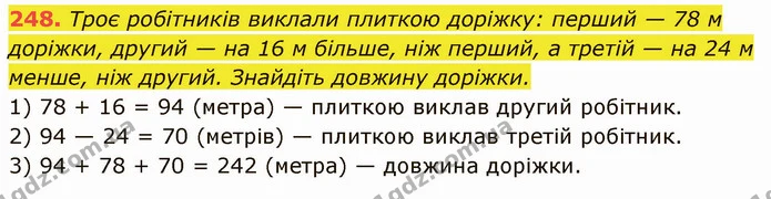 248. Троє робітників виклали плиткою доріжку: перший — 78 м доріжки, другий — на 16 м більше, ніж перший, а третій — на 24 м менше, ніж — ГДЗ Математика 5 клас Кравчук