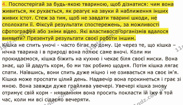 4. Поспостерігай за будь-якою твариною, щоб дізнатися: чим вона живиться, як рухається, як реагує на звуки й наближення інших живих — ГДЗ Пізнаємо природу 5 клас Коршевнюк