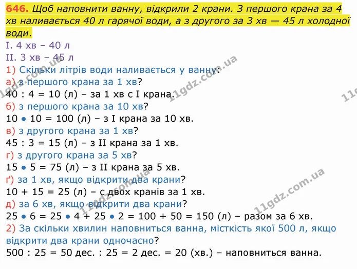 646. Щоб наповнити ванну, відкрили 2 крани. З першого крана за 4 хв наливається 40 л гарячої води, а з другого за 3 хв — 45 л холодної — ГДЗ Математика 4 клас Заїка
