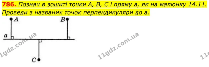 786. Познач в зошиті точки A, B, C і пряму a, як на малюнку 14.11. Проведи з названих точок перпендикуляри до a. — ГДЗ Геометрія 8 клас Бевз