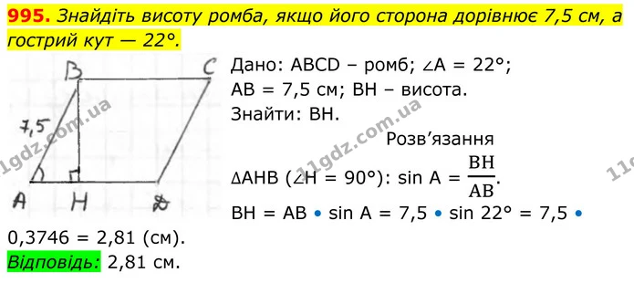 995. Знайдіть висоту ромба, якщо його сторона дорівнює 7,5 см, а гострий кут — 22°. — ГДЗ Геометрія 8 клас Бурда