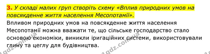 3. У складі малих груп створіть схему «Вплив природних умов на повсякденне життя населення Месопотамії». — ГДЗ Історія України 6 клас Гісем