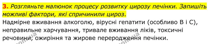 3. Розгляньте малюнок процесу розвитку цирозу печінки. Запишіть можливі фактори, які спричинили цироз. — ГДЗ Робочий зошит Біологія 8 клас Кулініч