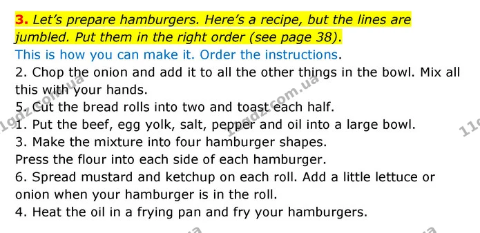 3. Let’s prepare hamburgers. Here’s a recipe, but the lines are jumbled. Put them in the right order (see page 38). — ГДЗ Робочий зошит Англійська мова 5 клас Карпюк