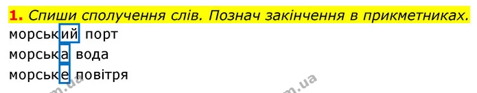 1. Спиши сполучення слів. Познач закінчення в прикметниках. — ГДЗ Українська мова 3 клас Пономарьова 2020