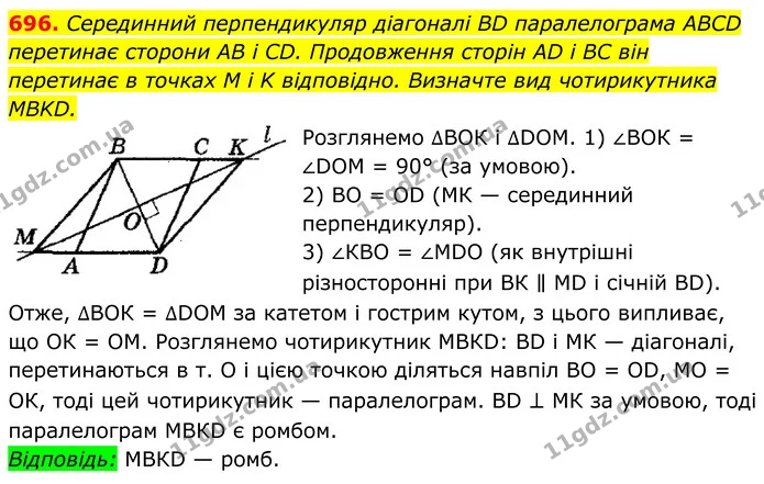 696. Серединний перпендикуляр діагоналі BD паралелограма ABCD — ГДЗ Геометрія 8 клас Мерзляк