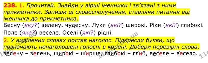 238. 1. Прочитай. Знайди у вірші іменники і зв’язані з ними прикметники. Запиши ці словосполучення, ставлячи питання від іменника до — ГДЗ Українська мова та читання 3 клас Коваленко (1 частина)