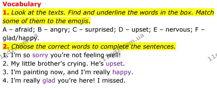 1. Look at the texts. Find and underline the words in the box. Match some of them to the emojis. — ГДЗ Англійська мова 6 клас Коста (Prepare 6)