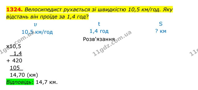 1324. Велосипедист рухається зі швидкістю 10,5 км/год. Яку відстань він проїде за 1,4 год? — ГДЗ Математика 5 клас Бевз