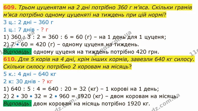 609. Трьом цуценятам на 2 дні потрібно 360 г м’яса. Скільки грамів м’яса потрібно одному цуценяті на тиждень при цій нормі? — ГДЗ Математика 4 клас Лишенко 1-2 ч.