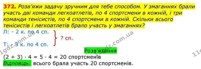 372. Розв’яжи задачу зручним для тебе способом. У змаганнях брали участь дві команди легкоатлетів, по 4 спортсмени в кожній, і три — ГДЗ Математика 3 клас Листопад 1-2 ч.