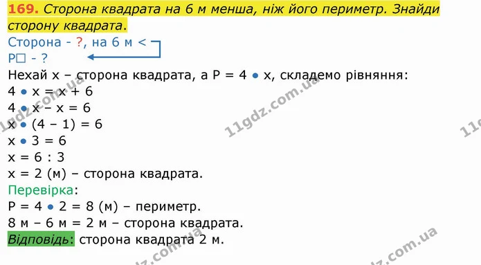 169. Сторона квадрата на 6 м менша, ніж його периметр. Знайди сторону квадрата. — ГДЗ Математика 4 клас Заїка