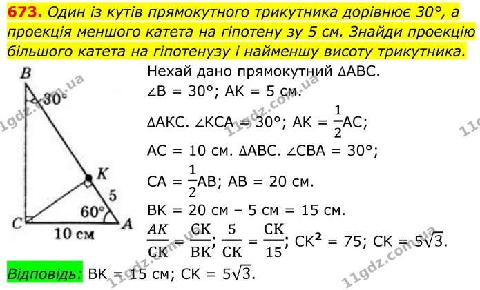 673. Один із кутів прямокутного трикутника дорівнює 30°, а проекція меншого катета на гіпотену зу 5 см. Знайди проекцію більшого катета — ГДЗ Геометрія 8 клас Бевз