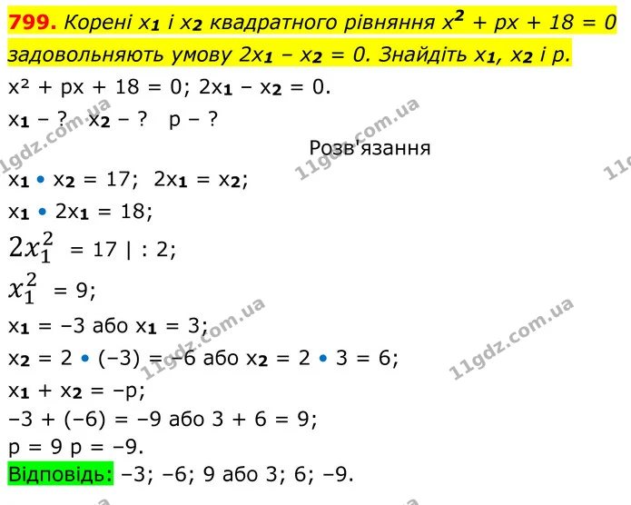 799. Корені x1 і x2 квадратного рівняння x2 + рх + 18 = 0 — ГДЗ Алгебра 8 клас Тарасенкова