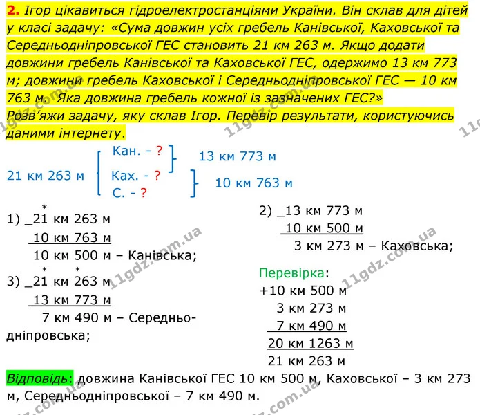 2. Ігор цікавиться гідроелектростанціями України. Він склав для дітей у класі задачу: «Сума довжин усіх гребель Канівської, Каховської — ГДЗ Математика 4 клас Скворцова