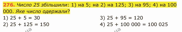 276. Число 25 збільшили: 1) на 5; на 2) на 125; 3) на 95; 4) на 100 000. Яке число одержали? — ГДЗ Математика 5 клас Тарасенкова 2022