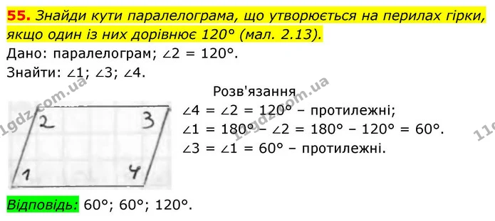 55. Знайди кути паралелограма, що утворюється на перилах гірки, якщо один із них дорівнює 120° (мал. 2.13). — ГДЗ Геометрія 8 клас Бевз