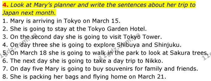 4. Look at Mary’s planner and write the sentences about her trip to Japan next month. — ГДЗ зошит Grammar Англійська мова 8 клас Prepare 2025