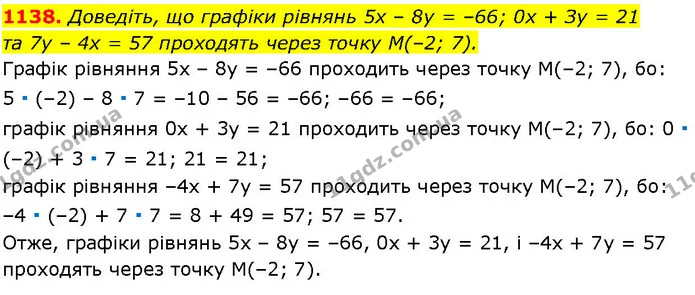 1138. Доведіть, що графіки рівнянь 5х – 8у = –66; 0x + Зу = 21 — ГДЗ Алгебра 7 клас Істер 2024