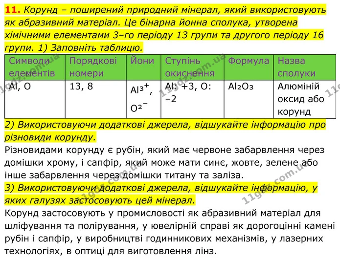 11. Корунд – поширений природний мінерал, який використовують як абразивний матеріал. Це бінарна йонна сполука, утворена хімічними — ГДЗ Хімія 8 клас Мідак
