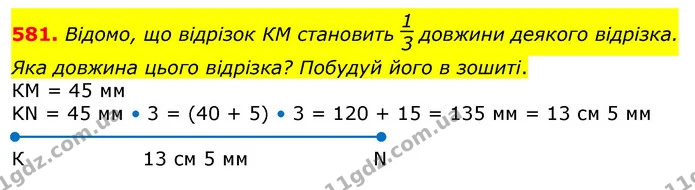 581. Відомо, що відрізок КМ становить довжини деякого відрізка. Яка довжина цього відрізка? Побудуй його в зошиті. — ГДЗ Математика 3 клас Лишенко (1, 2 частина)