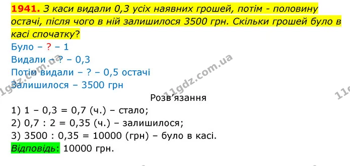 1941. З каси видали 0,3 усіх наявних грошей, потім – половину — ГДЗ Математика 5 клас Бевз
