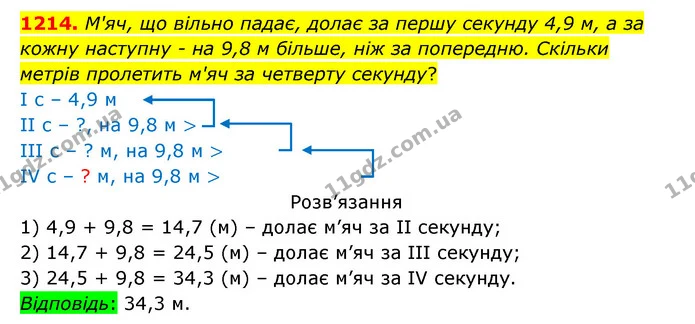 1214. М'яч, що вільно падає, долає за першу секунду 4,9 м, а за кожну наступну – на 9,8 м більше, ніж за попередню. Скільки метрів — ГДЗ Математика 5 клас Бевз
