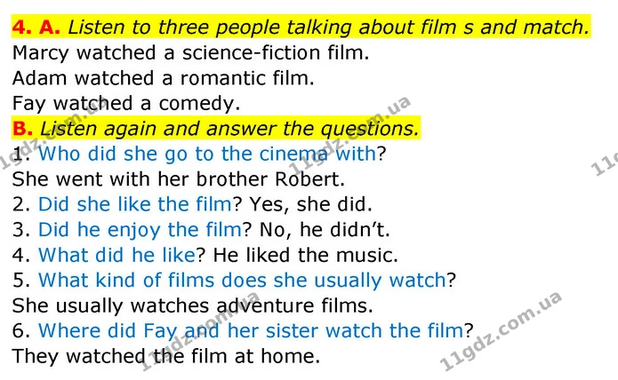 4. A. Listen to three people talking about film s and match. — ГДЗ Англійська мова 5 клас Мітчелл