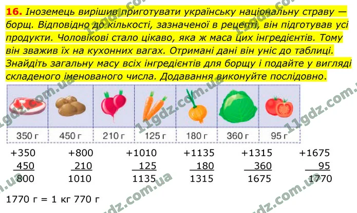 16. Іноземець вирішив приготувати українську національну страву — борщ. Відповідно до кількості, зазначеної в рецепті, він підготував — ГДЗ Математика 4 клас Логачевська 1-2 ч. 2021