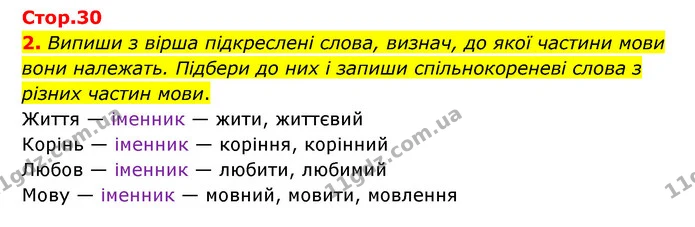 2. Випиши з вірша підкреслені слова, визнач, до якої частини мови вони належать. Підбери до них і запиши спільнокореневі слова з різних — ГДЗ Українська мова 4 клас Чабайовська