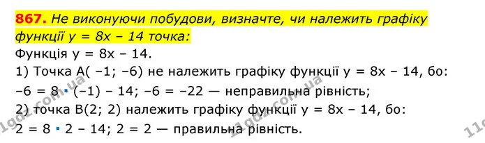 867. Не виконуючи побудови, визначте, чи належить графіку — ГДЗ Алгебра 7 клас Мерзляк, Полонський 2015