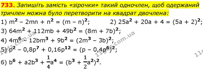733. Запишіть замість «зірочки» такий одночлен, щоб одержаний — ГДЗ Алгебра 7 клас Істер 2024