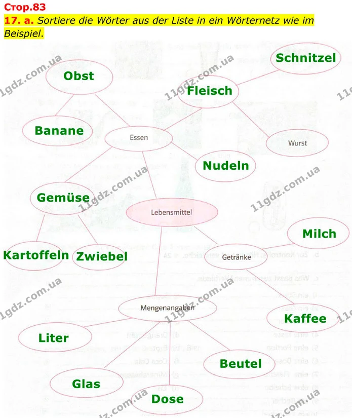 17. a. Sortiere die Wörter aus der Liste in ein Wörternetz wie im Beispiel. — ГДЗ робочий зошит Німецька мова 8 клас Басай