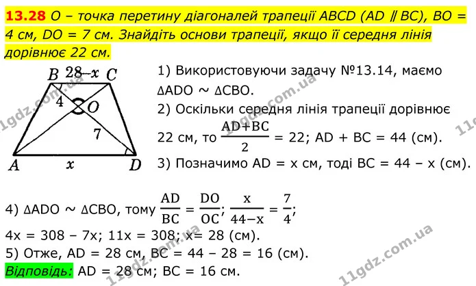 13.28 O – точка перетину діагоналей трапеції ABCD (AD ∥ BC), BO = 4 см, DO = 7 см. Знайдіть основи трапеції, якщо її середня лінія — ГДЗ Геометрія 8 клас Істер