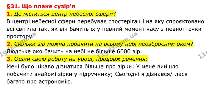 1. Де міститься центр небесної сфери? — ГДЗ Пізнаємо природу 6 клас Гільберг