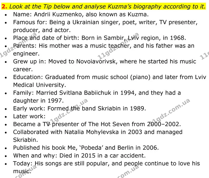 2. Look at the Tip below and analyse Kuzma’s biography according to it. — ГДЗ Англійська мова 8 клас Карпюк 2025