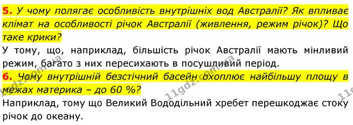 5. У чому полягає особливість внутрішніх вод Австралії? Як впливає клімат на особливості річок Австралії (живлення, режим річок)? Що — ГДЗ Географія 7 клас Безуглий