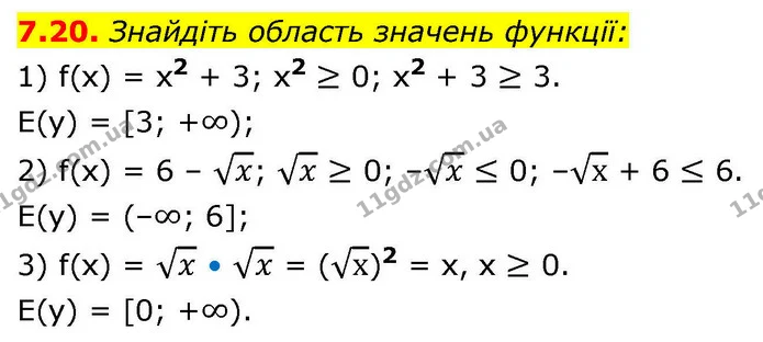 7.20. Знайдіть область значень функції: — ГДЗ Алгебра 9 клас Мерзляк 2026