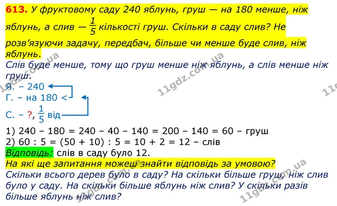 613. У фруктовому саду 240 яблунь, груш — на 180 менше, ніж яблунь, а слив — кількості груш. Скільки в саду слив? Не розв’язуючи — ГДЗ Математика 3 клас Лишенко (1, 2 частина)