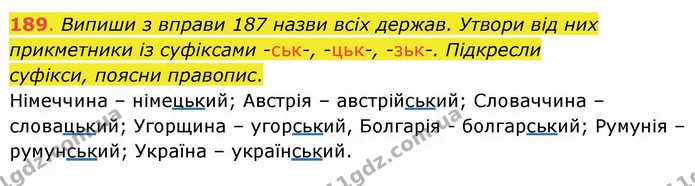 189. Випиши з вправи 187 назви всіх держав. Утвори від них прикметники із суфіксами -ськ-, -цьк-, -зьк-. Підкресли суфікси, поясни — ГДЗ Українська мова та читання 4 клас Захарійчук