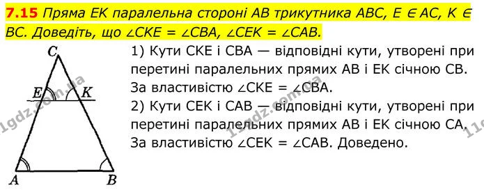 7.15 Пряма EK паралельна стороні AB трикутника ABC, E ∈ AC, K ∈ BC. Доведіть, що ∠CKE = ∠CBA, ∠CEK = ∠CAB. — ГДЗ Геометрія 8 клас Істер