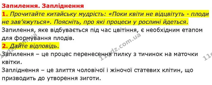 1. Прочитайте китайську мудрість: «Поки квіти не відцвітуть – плоди не зав’яжуться». Поясніть, про які процеси у рослині йдеться. — ГДЗ робочий зошит Біологія 7 клас Кулініч