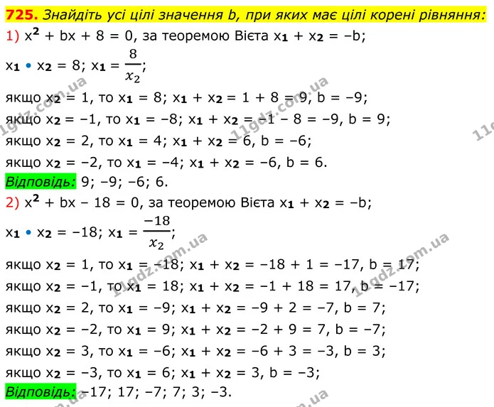 725. Знайдіть усі цілі значення b, при яких має цілі корені рівняння: — ГДЗ Алгебра 8 клас Мерзляк