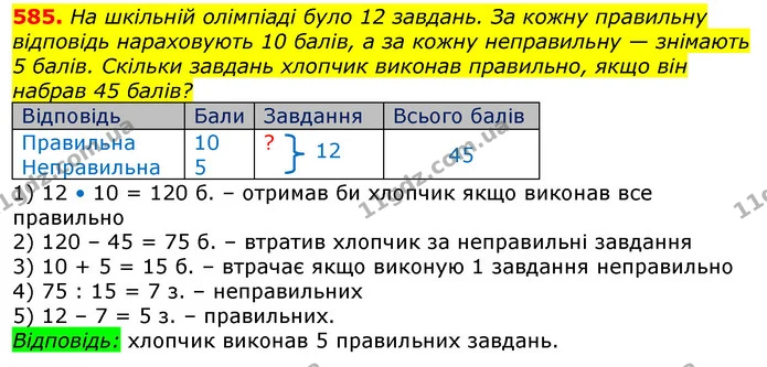 585. На шкільній олімпіаді було 12 завдань. За кожну правильну відповідь нараховують 10 балів, а за кожну неправильну — знімають 5 — ГДЗ Математика 3 клас Лишенко (1, 2 частина)